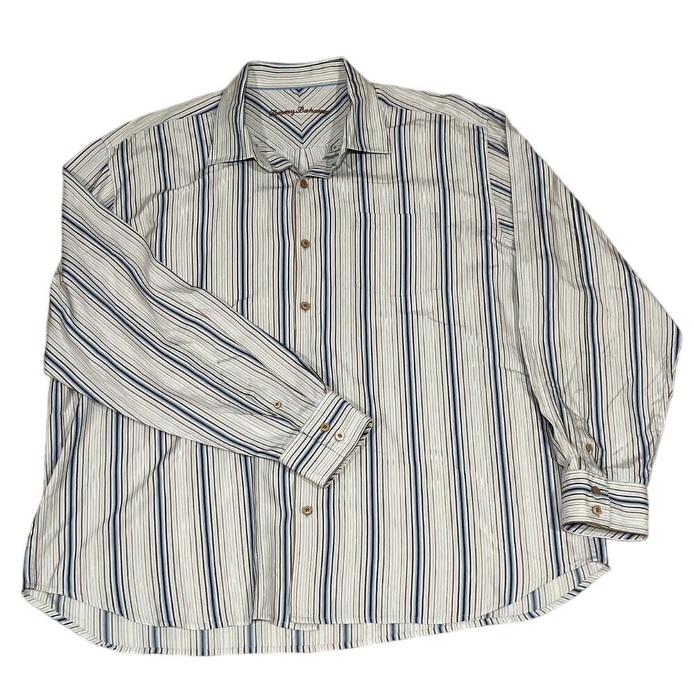 Tommy Bahama Men's 3XL 100% Silk Blue Brown Stripe Long Sleeve Shirt 985J